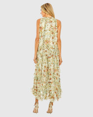 Ivory Sleeveless High Neck Ruffle Floral Dress