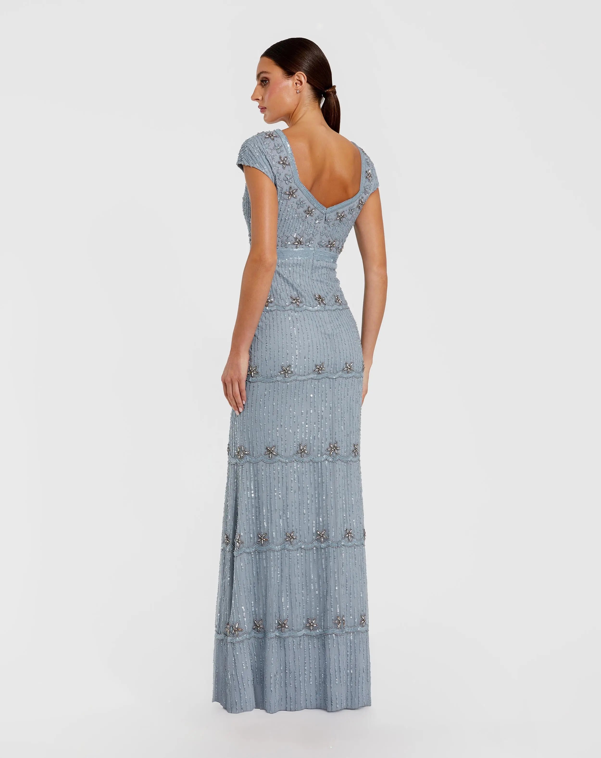 Blue Sequin Cap Sleeve Sweetheart Column Gown