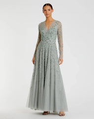 Green Embellished Wrap Over Illusion Long Sleeve A Line Gown - FINAL SALE