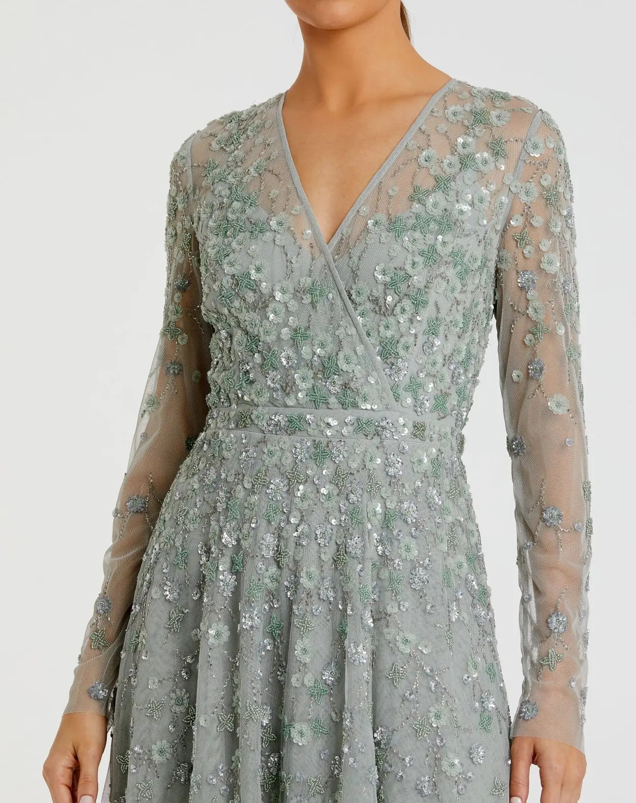 Green Embellished Wrap Over Illusion Long Sleeve A Line Gown - FINAL SALE