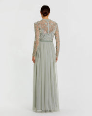Green Embellished Illusion High Neck Long Sleeve Gown