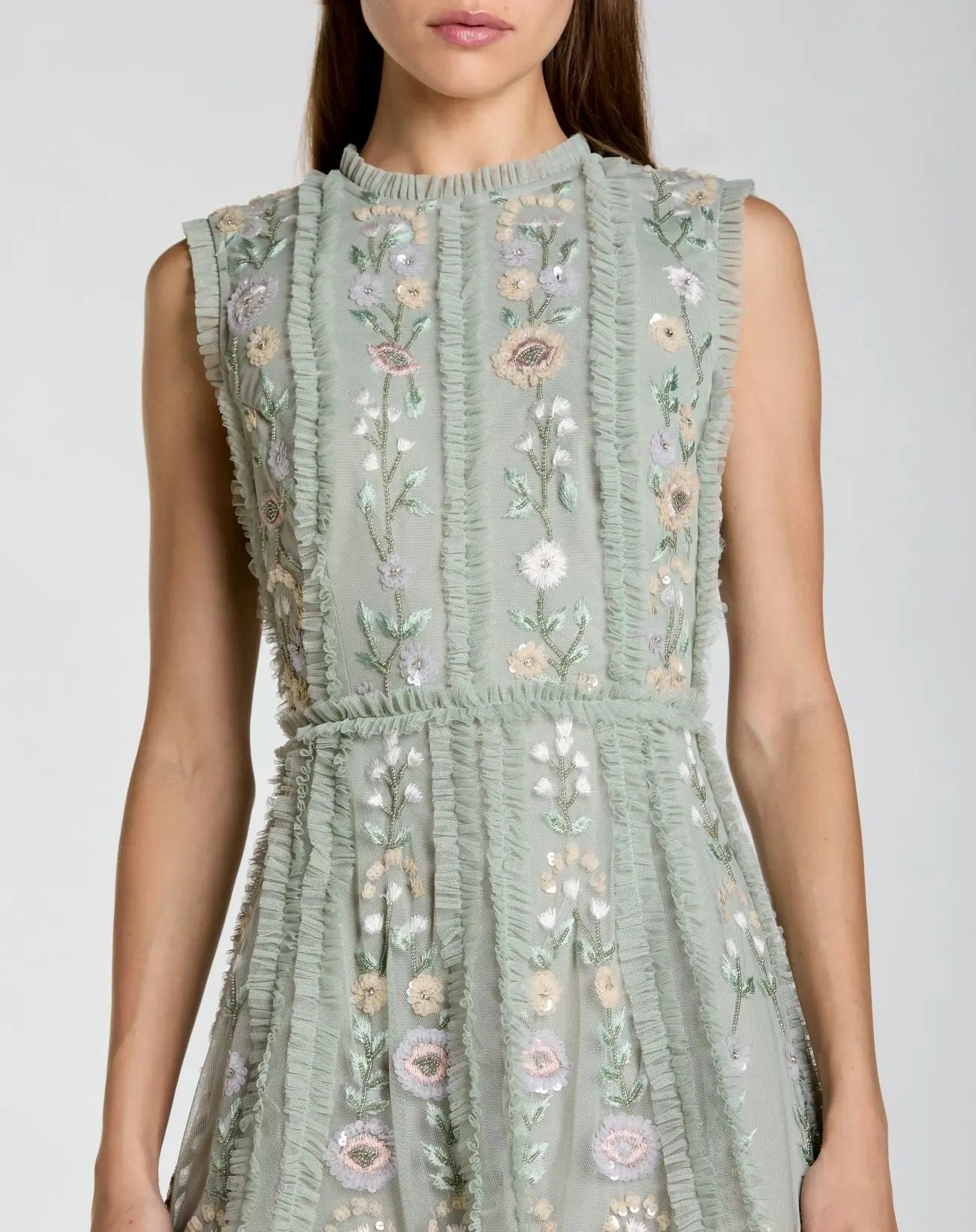 Green Sleeveless High Neck Embroidered Mini Dress