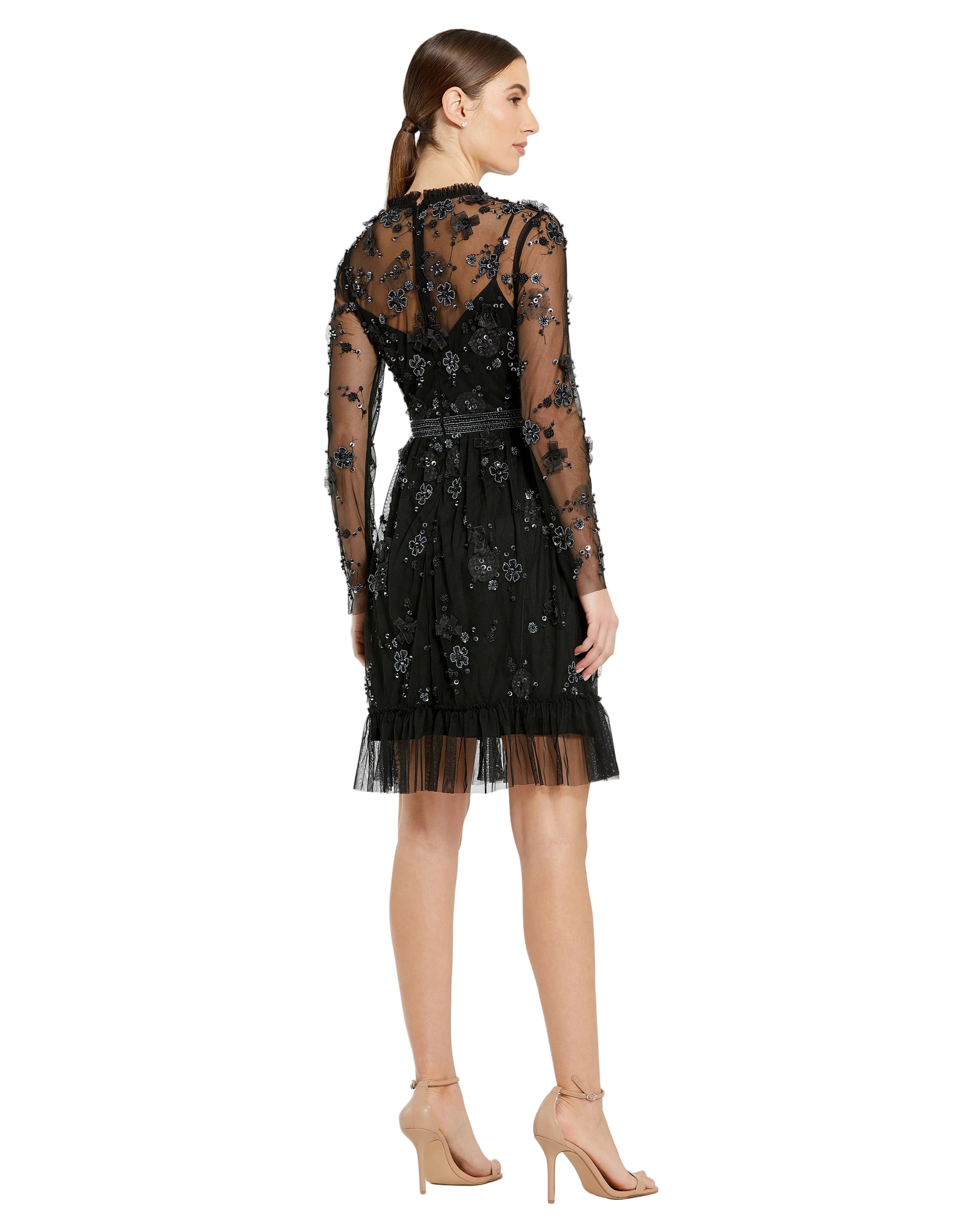 Black Sheer Long Sleeve Embellished Mini Dress
