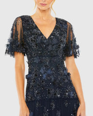 Navy Floral Embellished Flutter Sleeve Dress
