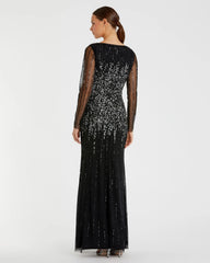 Black Boat Neck Sequin Embellished Long Sleeve A Line Gown