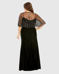 Black Velvet Trumpet Gown With Embellished Cape (Plus)