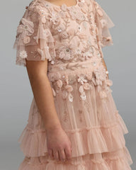 Girls Pink Embellished Flutter Sleeve Ruffle Gown