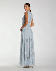 Blue Floral Mesh Sleeveless A Line Micro Ruffle Gown