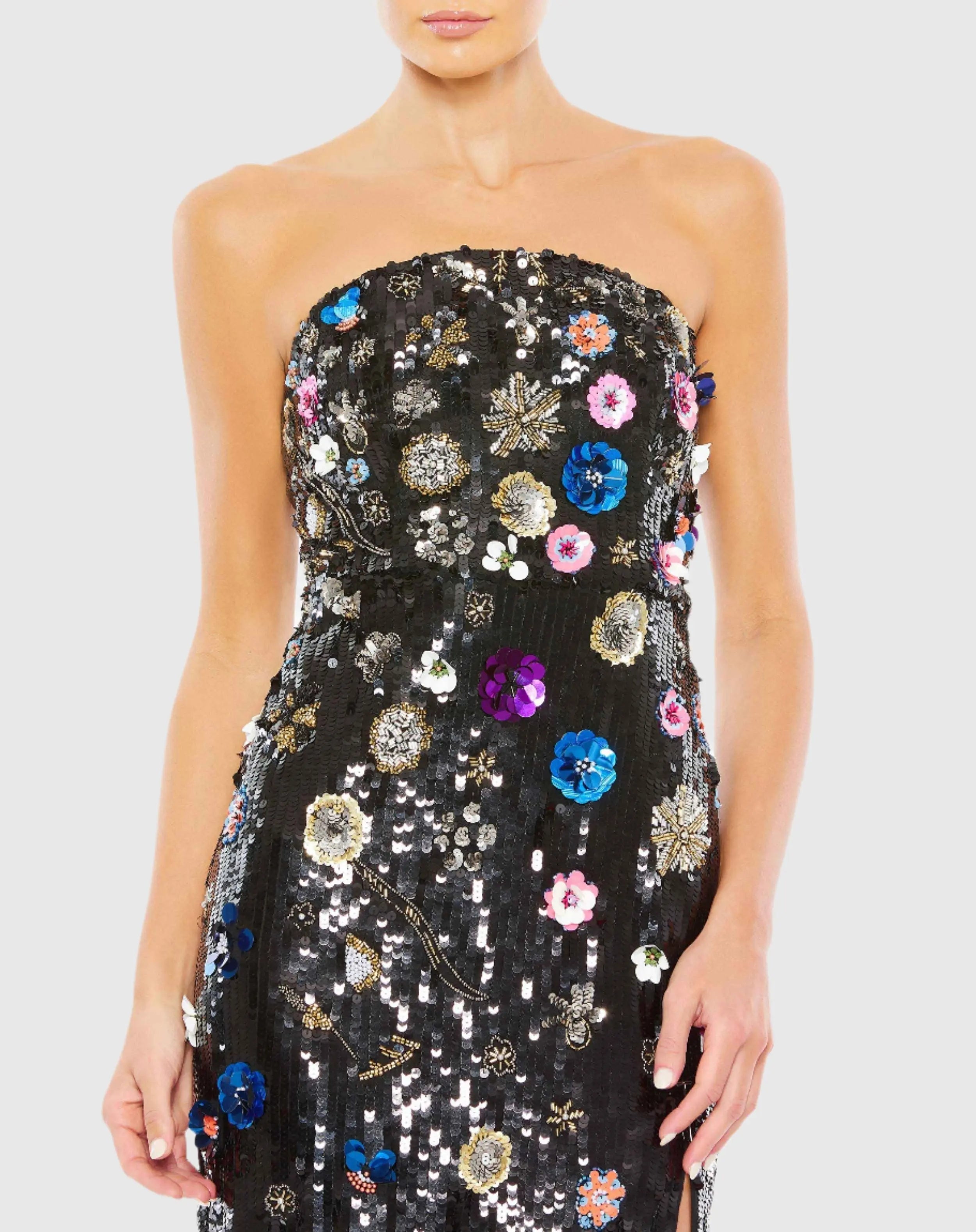 Black Floral Embellished Strapless Column Gown