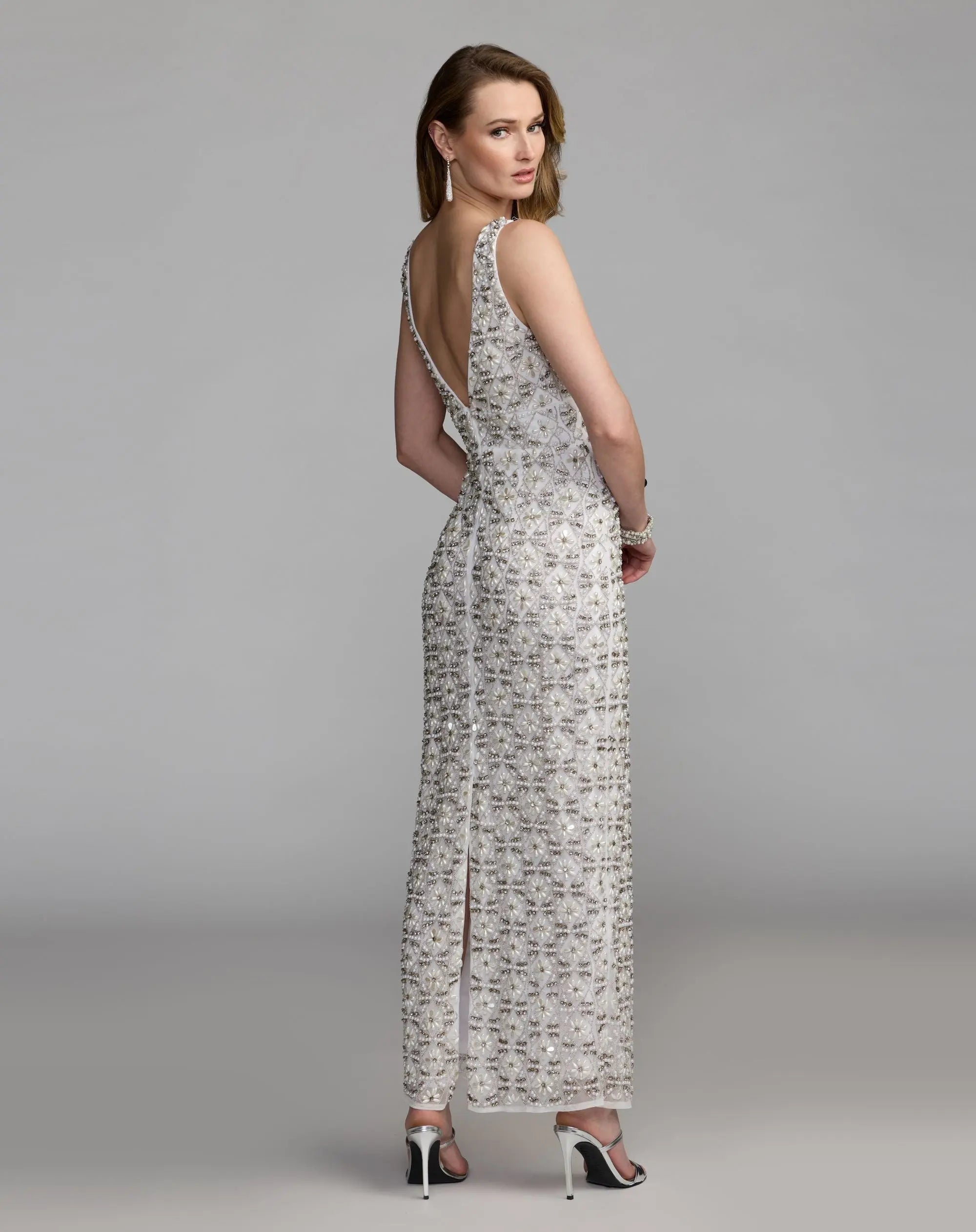 White Pearl Embellished Sleeveless Column Dress