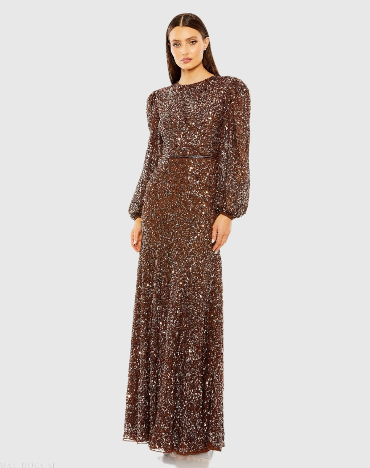 Brown Sheer Long Sleeve Embellished Gown