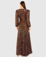 Brown Sheer Long Sleeve Embellished Gown