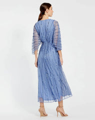Blue Beaded Kimono V-Neck Empire Midi Dress