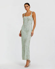 Green Scoop Neck Embellished Dress With Bow Detail