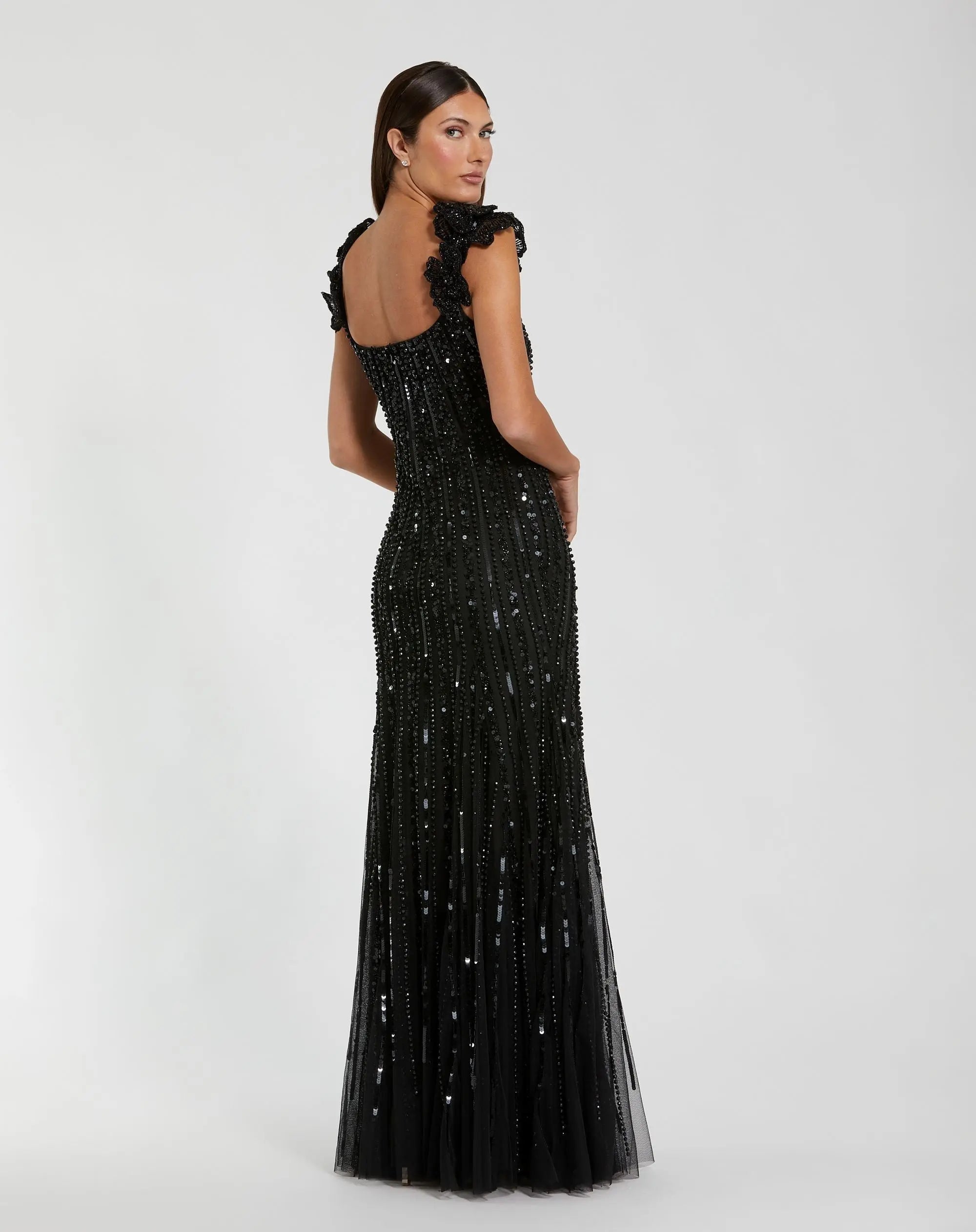 Sleeveless Mesh Gown With Floral Shoulder Detail