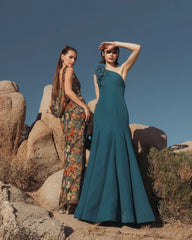 Blue One Shoulder Mermaid Gown with 3D Flowers