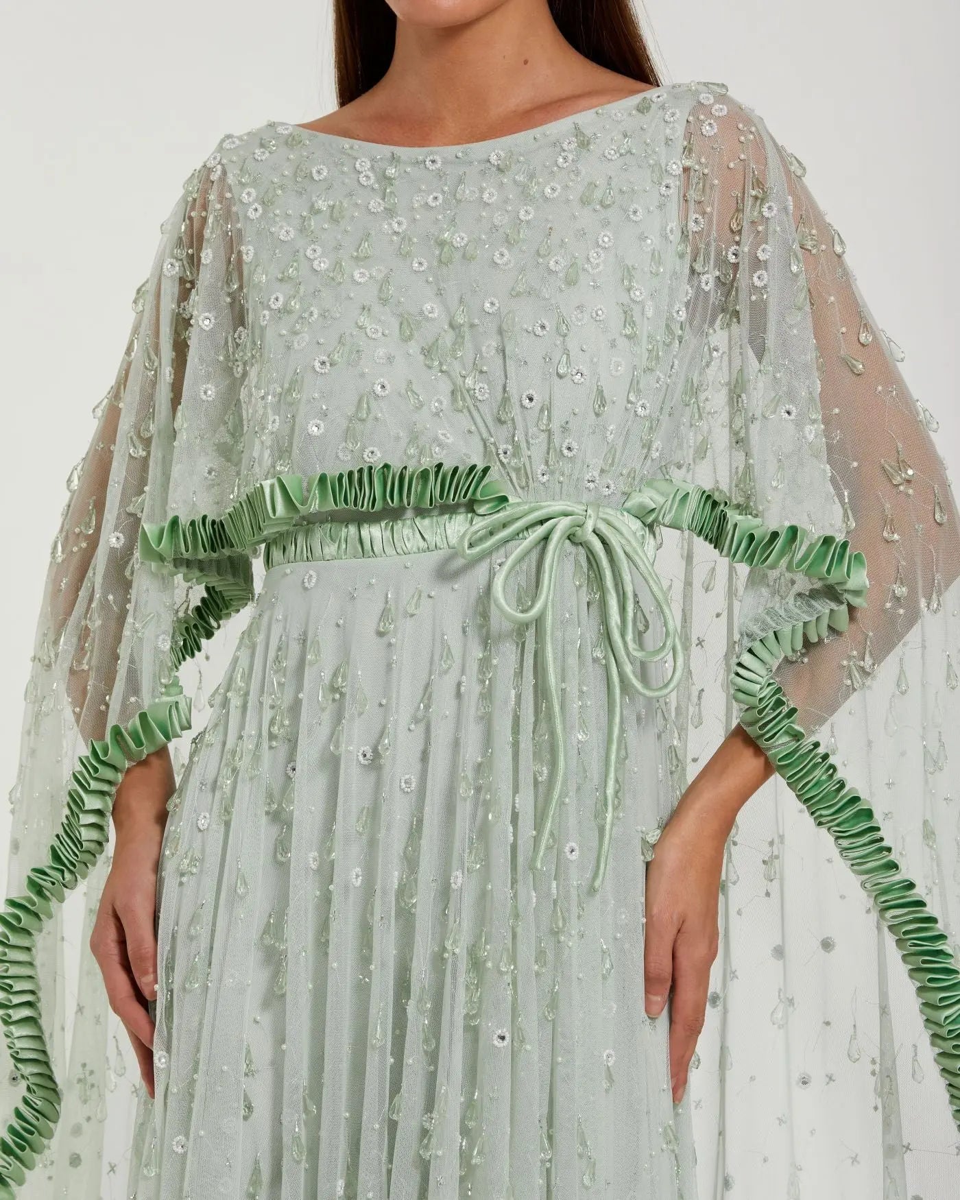 Green Beaded Cape Sleeve Gown With Ruffle Trim