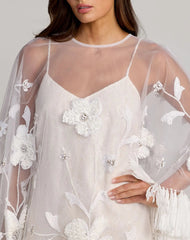 White Embellished Trapeze Mini Dress With Fringe Hem