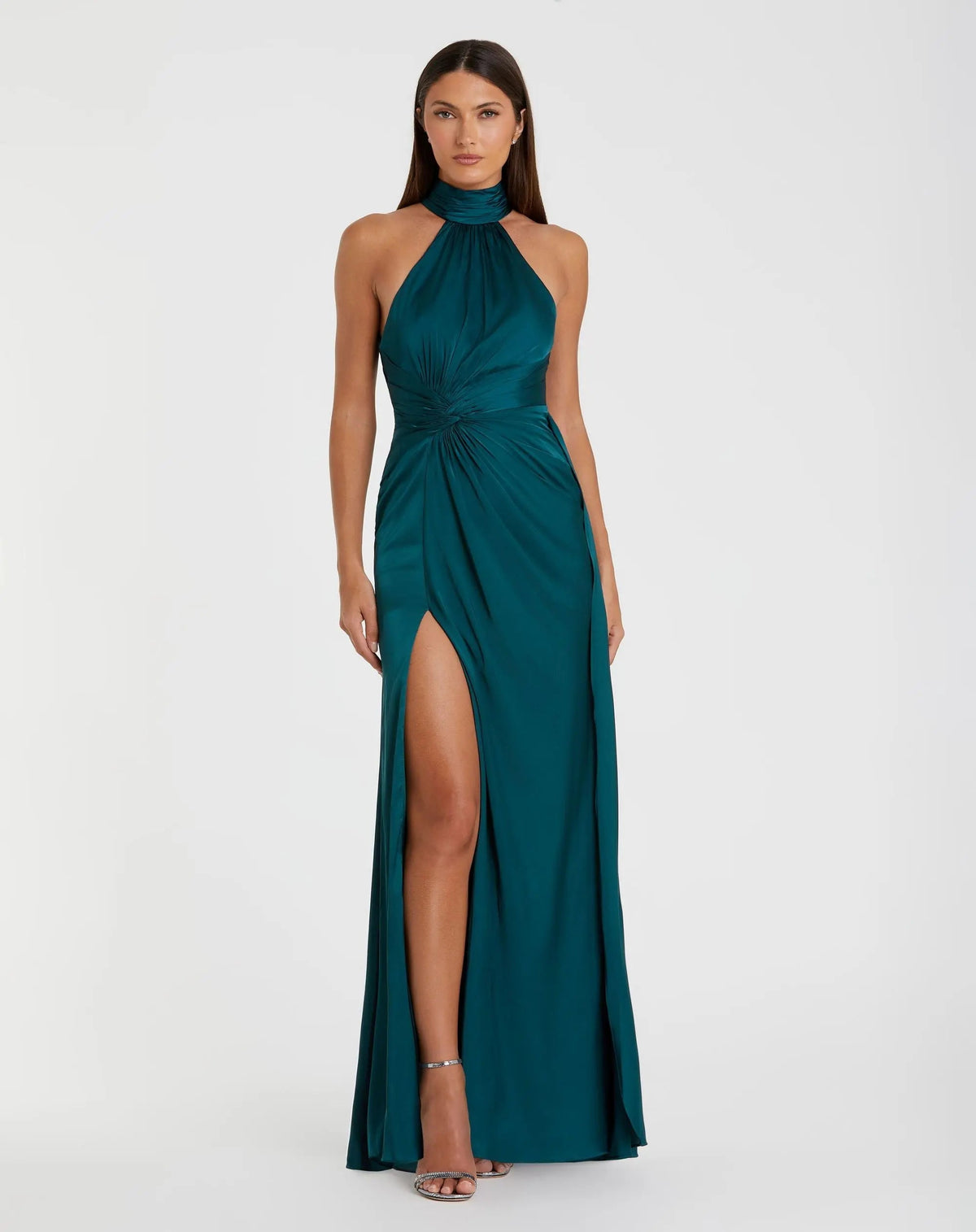 Petite Blue Sleeveless Open Back Satin Gown