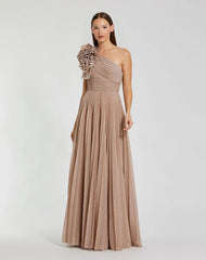 Petite Pink Pleated Metallic One Shoulder Gown With Ruffle
