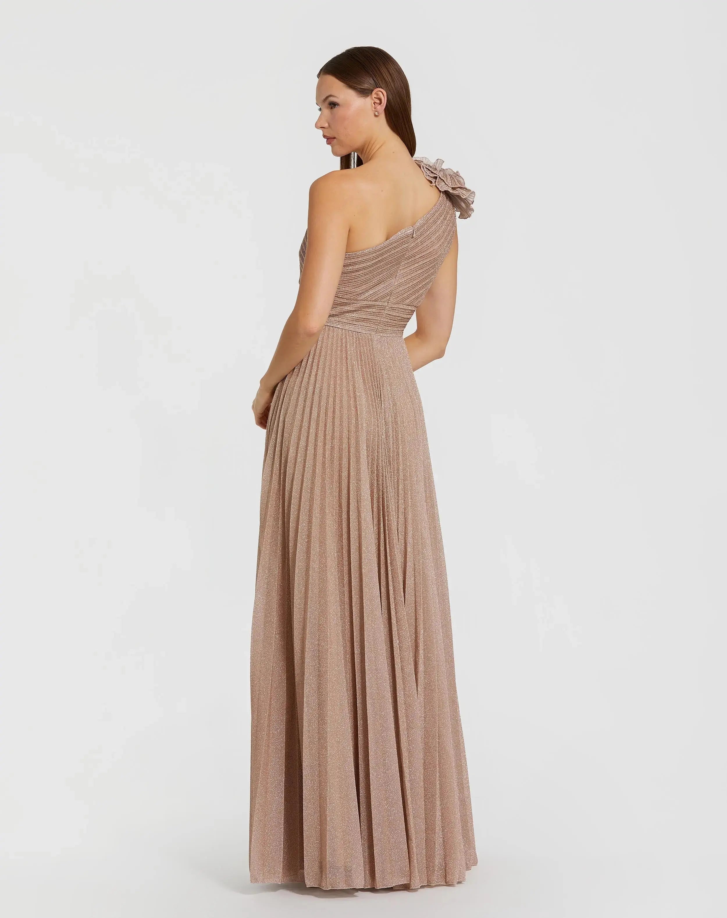 Petite Pink Pleated Metallic One Shoulder Gown With Ruffle