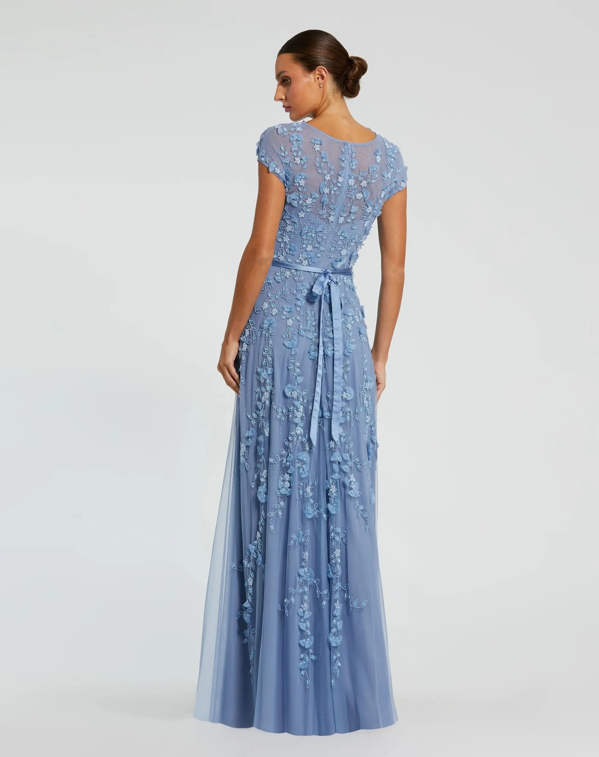 Petite Blue Floral Embellished Cap Sleeve Gown