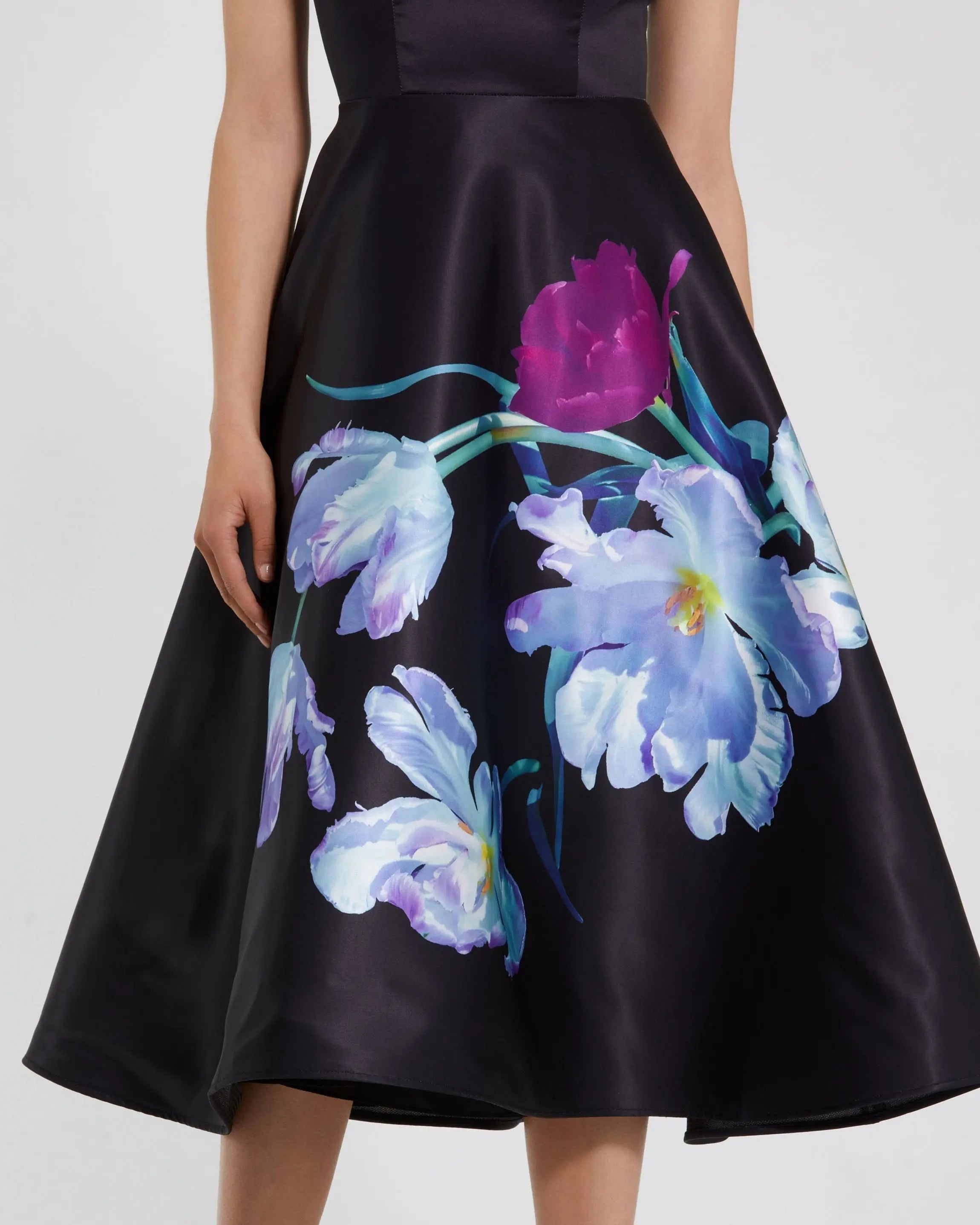 Petite Black Satin Cap Sleeve Midi Dress With Floral Print