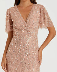Petite Pink Embellished Flutter Sleeve Gown