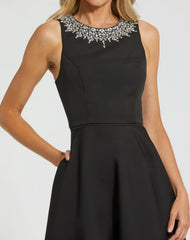 Petite Black Crepe Embellished Neck High Low Gown