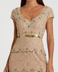 Petite Gold Sequin Cap Sleeve Sweetheart Column Gown