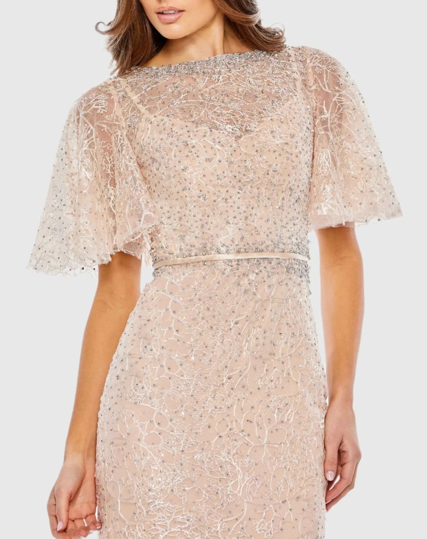 Pink Embellished Neck Butterfly Sleeve Trumpet Gown - FINAL SALE