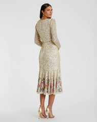 Gold Multicolor Faux Wrap Long Sleeve Tea Length Dress - FINAL SALE