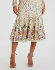 Gold Multicolor Faux Wrap Long Sleeve Tea Length Dress - FINAL SALE
