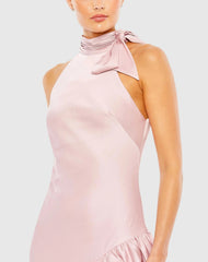 Pink Halter Neck Ruffled Asymmetrical Dress